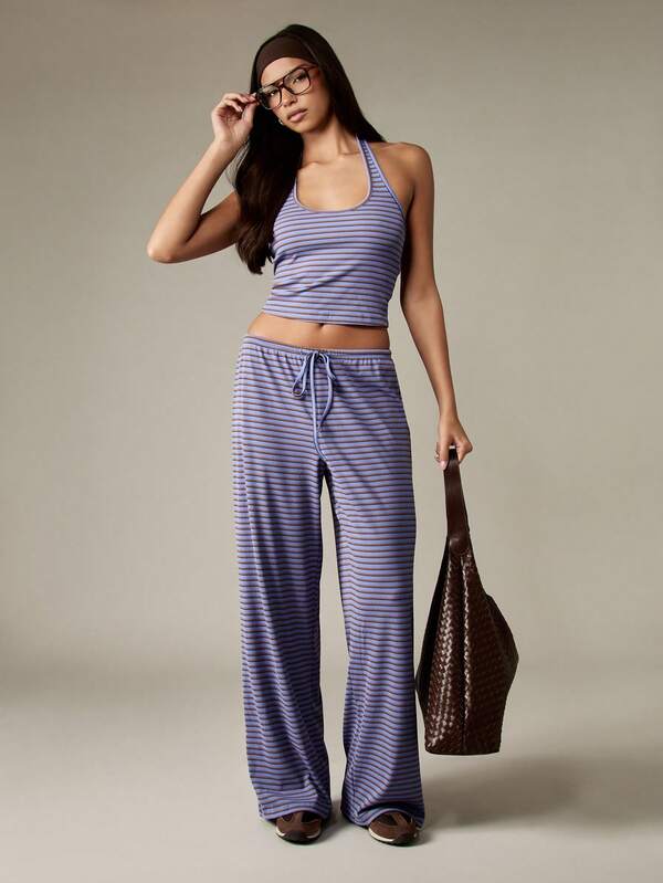 missguided MISSGUIDED Halter Neck Cropped Top And Wide Leg Pants Set