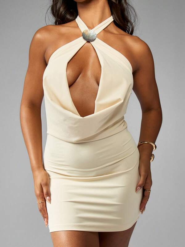 Missguided MISSGUIDED Halter Neck Cut Out Backless Draped Front Mini Dress