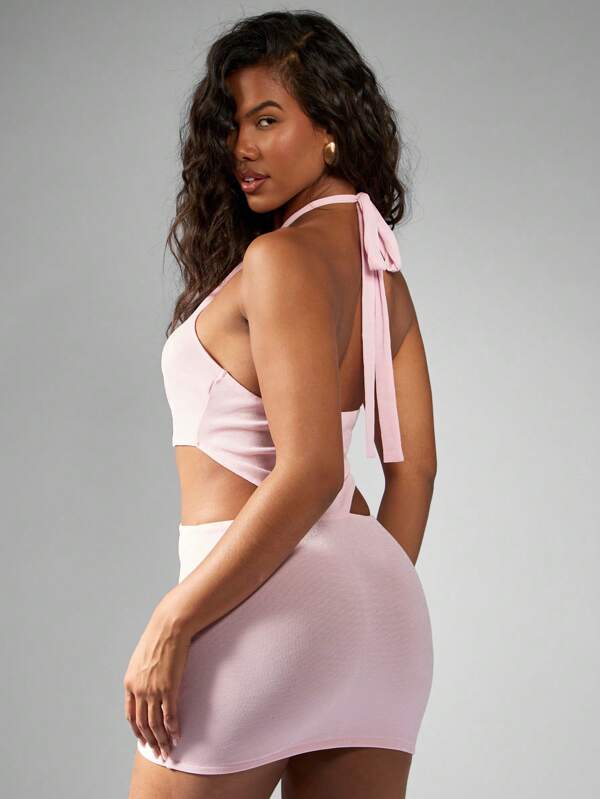 Missguided MISSGUIDED Halter Neck Cut Out Ribbed Knit Bodycon Mini Dress