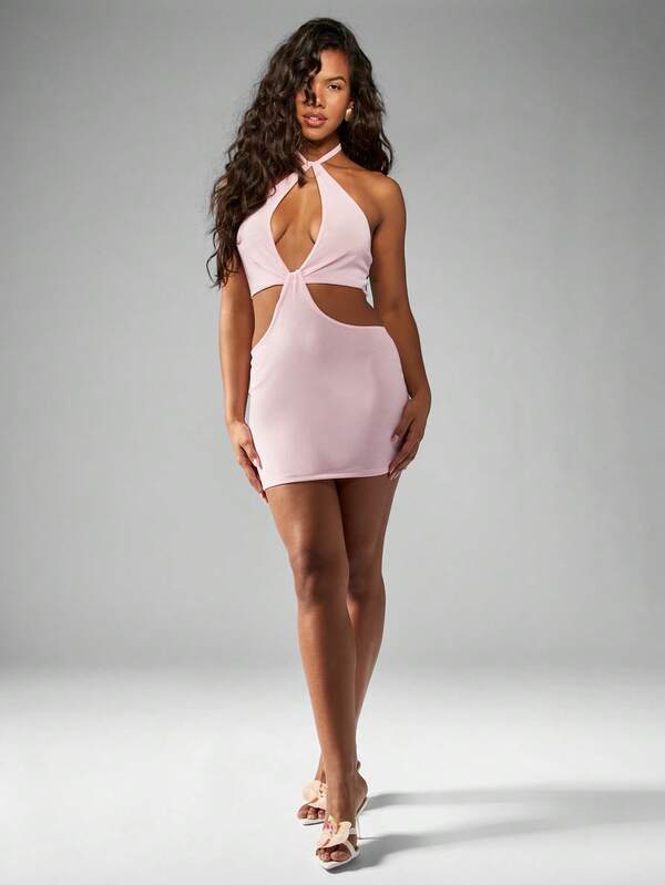Missguided MISSGUIDED Halter Neck Cut Out Ribbed Knit Bodycon Mini Dress