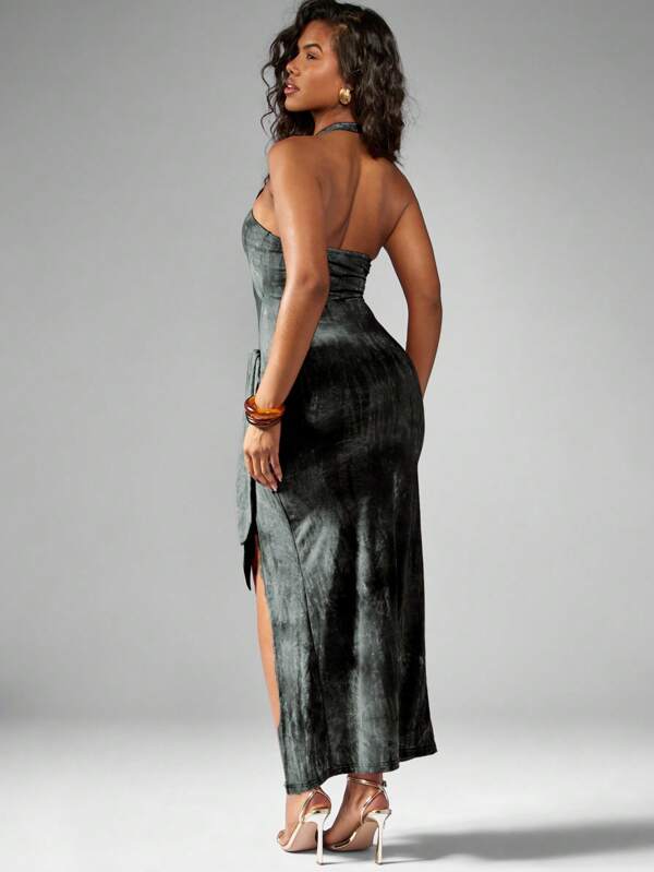 Missguided MISSGUIDED Halter Neck Cutout Maxi Dress Backless Side Slit Brooch