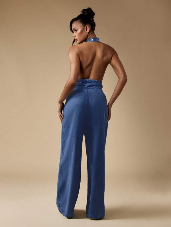 Missguided MISSGUIDED Halter Neck Denim Jumpsuit With Wide Leg Design