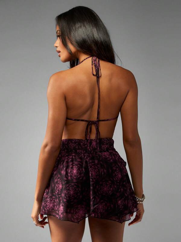 Missguided MISSGUIDED Halter Neck Drape Front Mini Dress With Rose Pattern