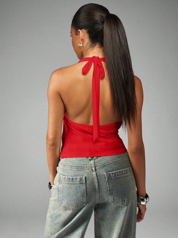 Missguided MISSGUIDED Halter Neck Draped Crop Top With Back Tie