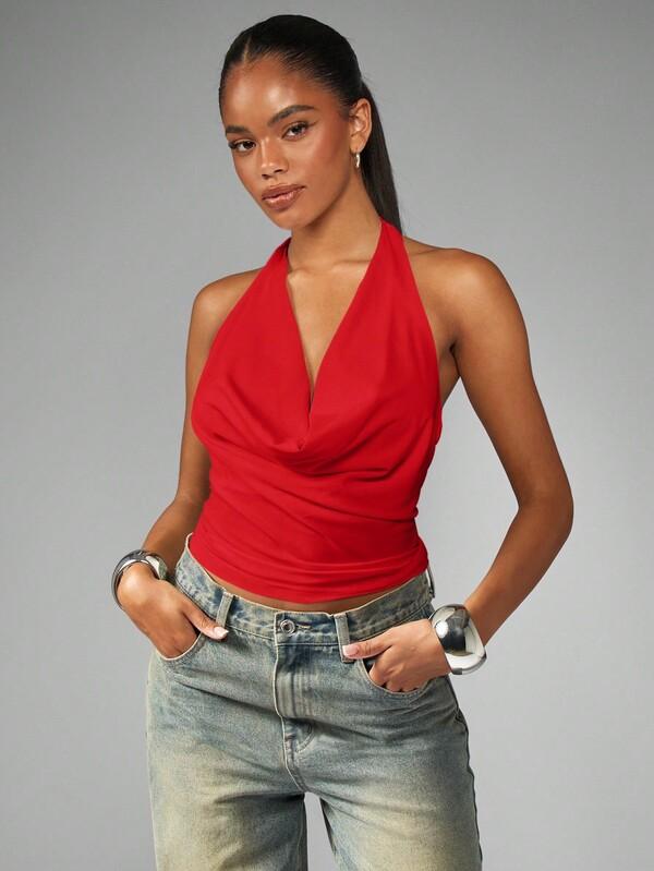 missguided MISSGUIDED Halter Neck Draped Crop Top With Back Tie
