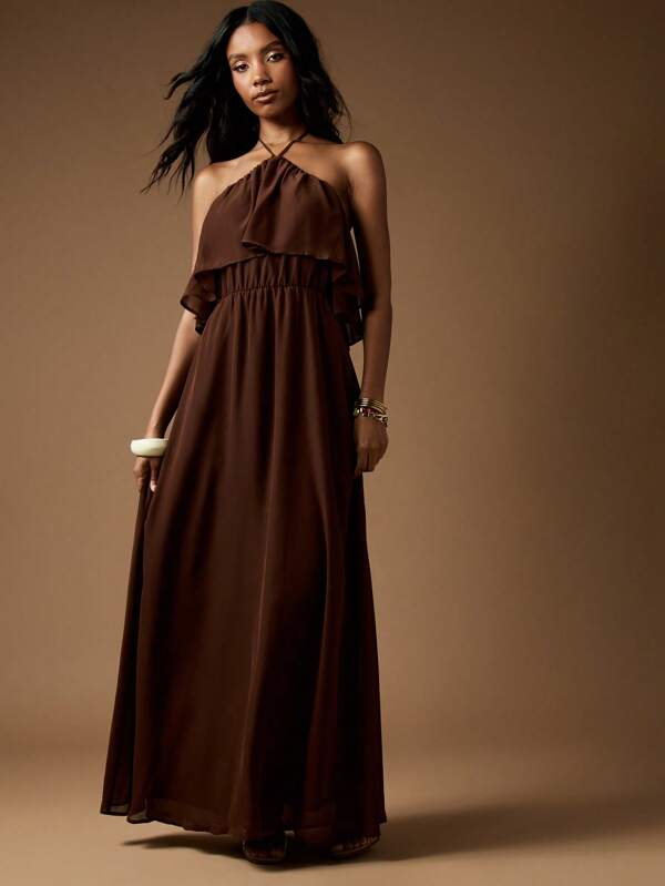 Missguided MISSGUIDED Halter Neck Empire Waist Maxi Dress With Ruffle Overlay
