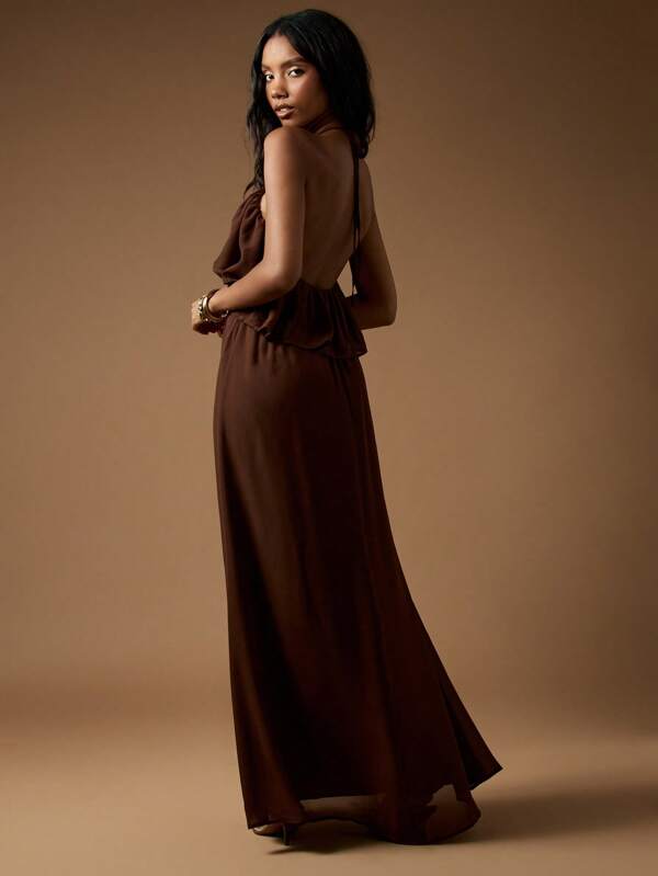 missguided MISSGUIDED Halter Neck Empire Waist Maxi Dress With Ruffle Overlay