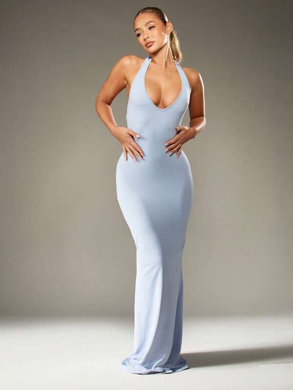 missguided MISSGUIDED Halter Neck Fishtail Maxi Dress With Tie Back