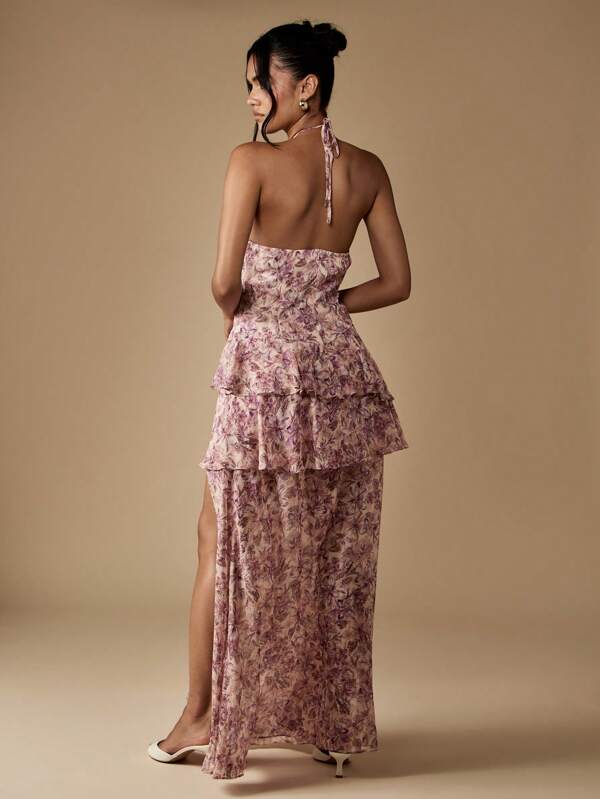 Missguided MISSGUIDED Halter Neck Floral Maxi Dress With Tiered Ruffles