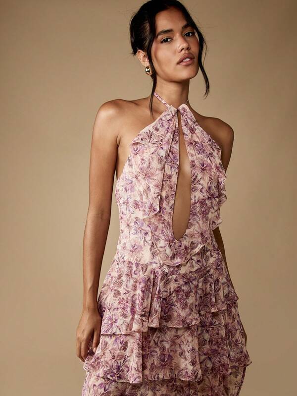 Missguided MISSGUIDED Halter Neck Floral Maxi Dress With Tiered Ruffles