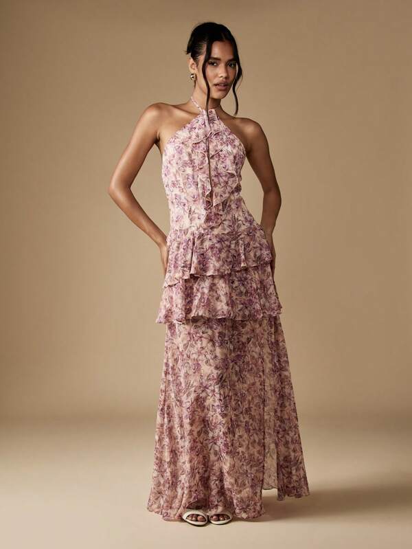 missguided MISSGUIDED Halter Neck Floral Maxi Dress With Tiered Ruffles