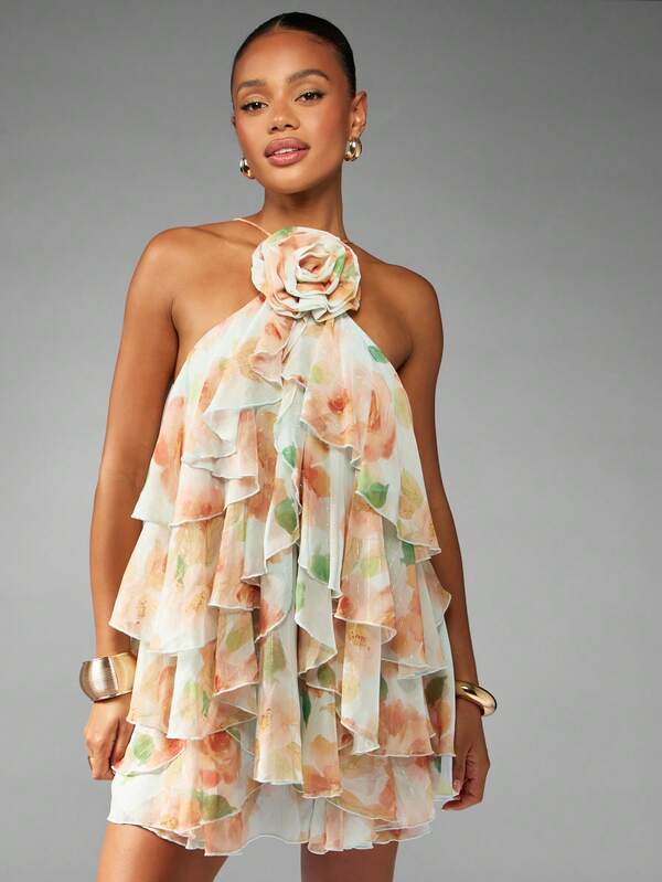 Missguided MISSGUIDED Halter Neck Floral Mini Dress With Ruffle Layers