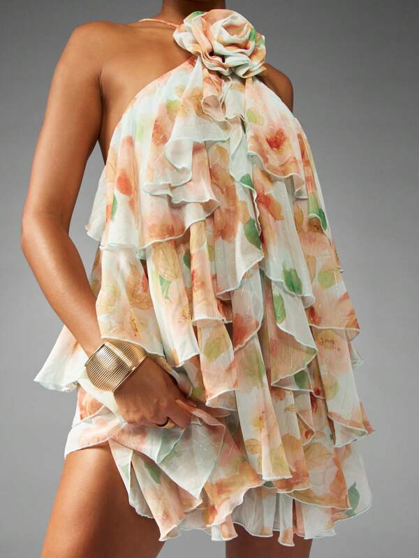 missguided MISSGUIDED Halter Neck Floral Mini Dress With Ruffle Layers