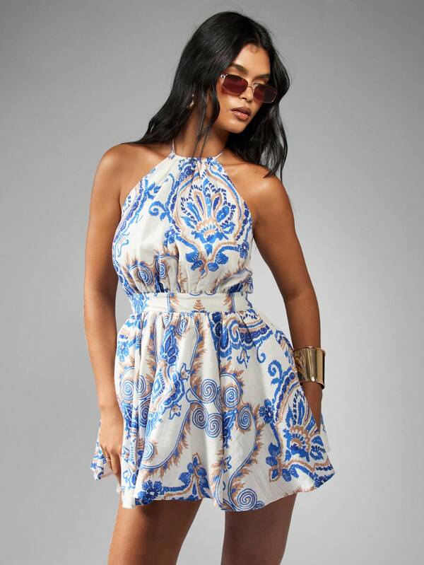 Missguided MISSGUIDED Halter Neck Floral Print A-Line Empire Waist Mini Dress