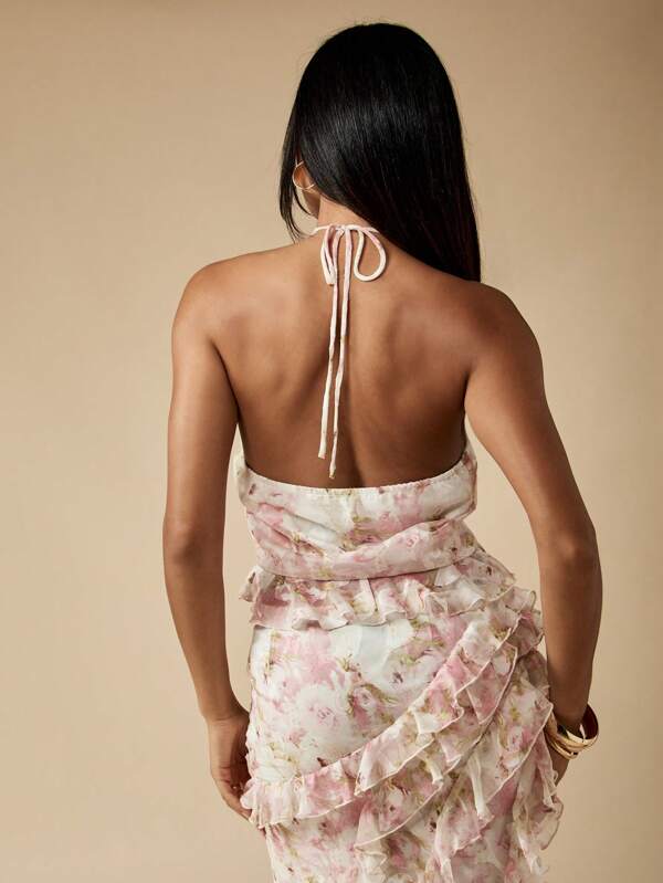 Missguided MISSGUIDED Halter Neck Floral Print Blouse With Ruffle Detail