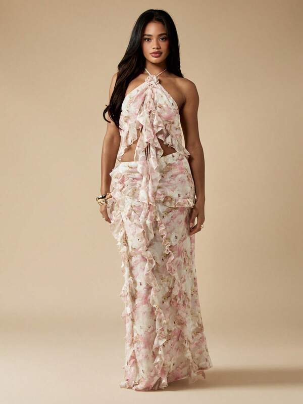 Missguided MISSGUIDED Halter Neck Floral Print Blouse With Ruffle Detail