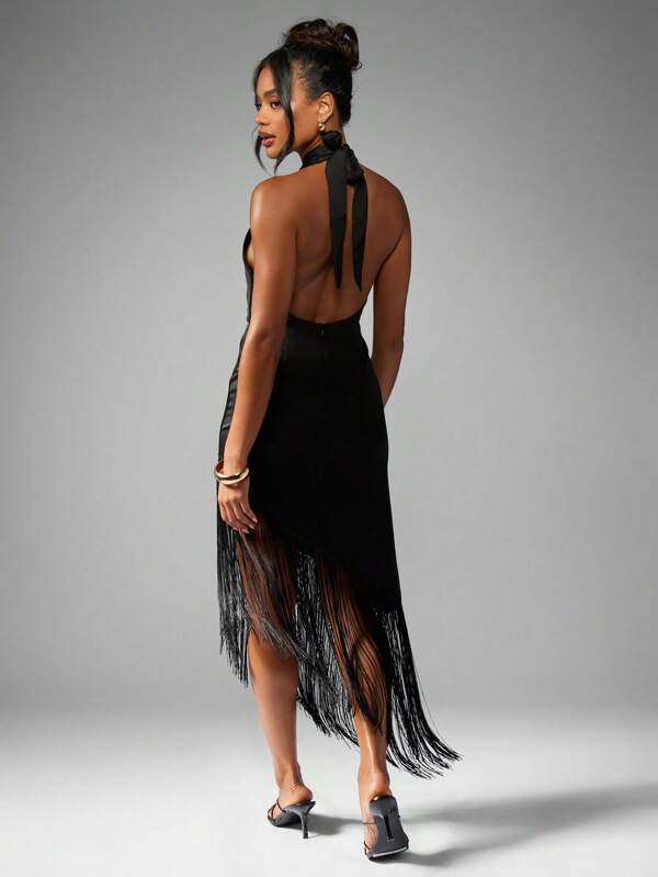 Missguided MISSGUIDED Halter Neck Fringe Midi Dress With Cutout Detail