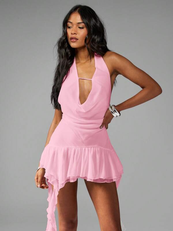 Missguided MISSGUIDED Halter Neck High Low Ruffle Trim Chiffon Backless High Fashion Mini Dress