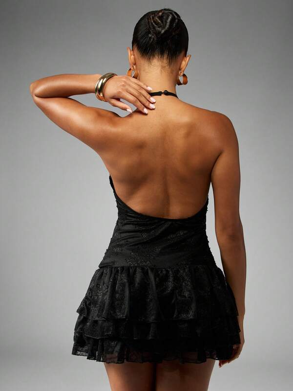 Missguided MISSGUIDED Halter Neck Lace Mini Dress With Tiered Ruffles