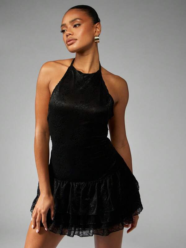 missguided MISSGUIDED Halter Neck Lace Mini Dress With Tiered Ruffles