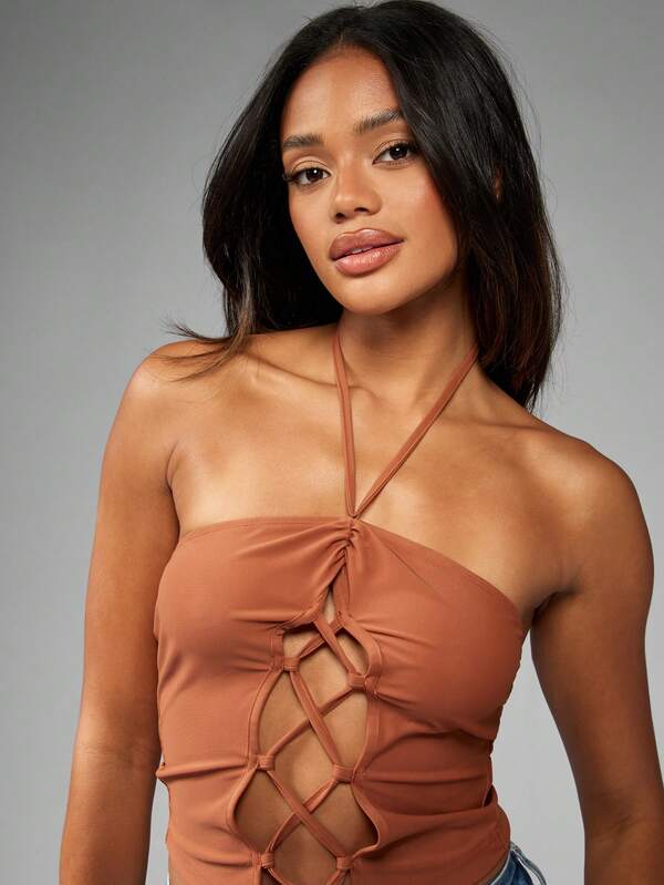 Missguided MISSGUIDED Halter Neck Lace-Up Corset Tank Top