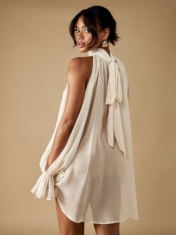 Missguided MISSGUIDED Halter Neck Long Sleeve Draped Blouse