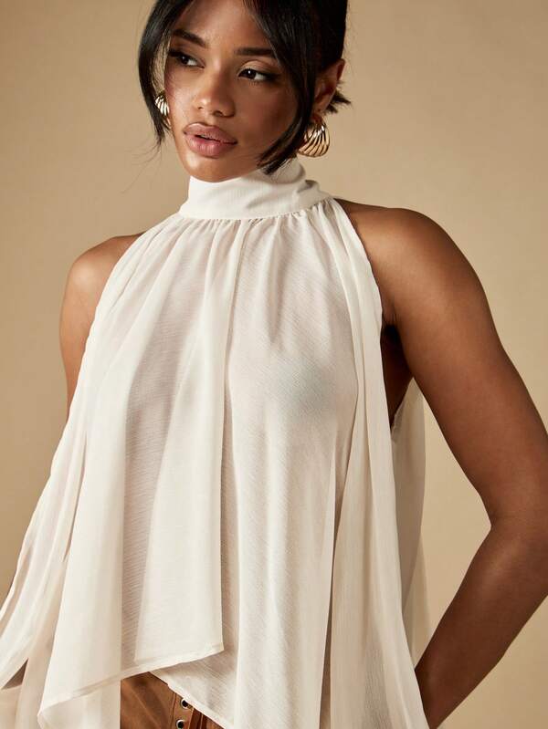 Missguided MISSGUIDED Halter Neck Long Sleeve Draped Blouse