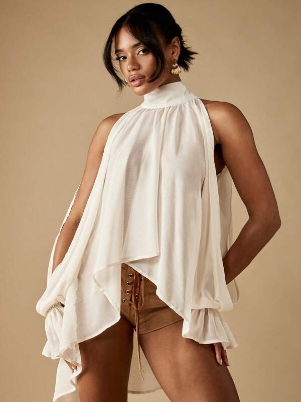 missguided MISSGUIDED Halter Neck Long Sleeve Draped Blouse