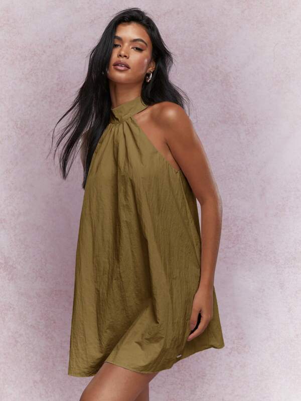 missguided MISSGUIDED Halter Neck Loose Fit Tie Back Mini Dress