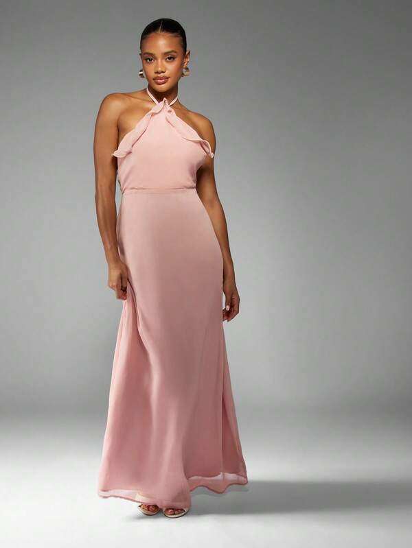 Missguided MISSGUIDED Halter Neck Maxi Dress With Ruffle Detail