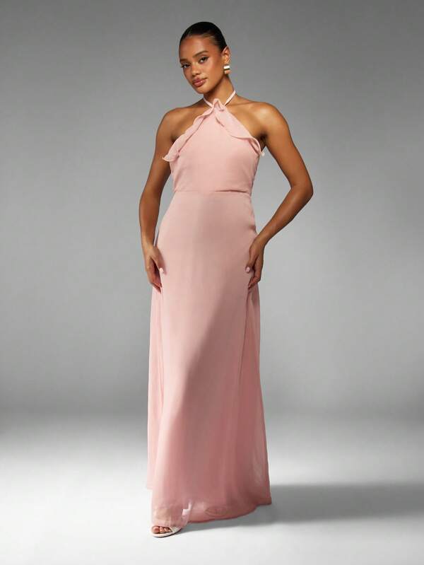 missguided MISSGUIDED Halter Neck Maxi Dress With Ruffle Detail