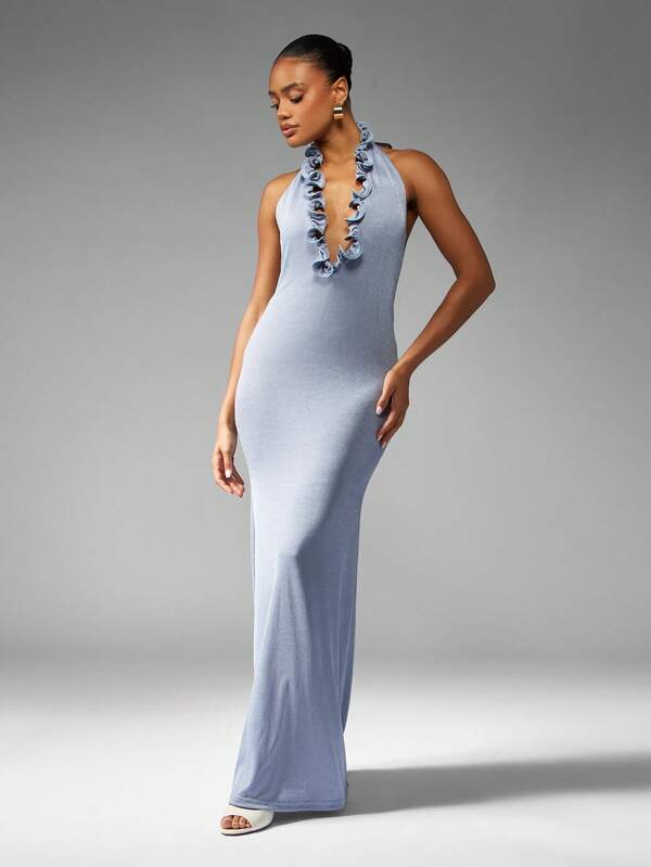 missguided MISSGUIDED Halter Neck Maxi Dress With Ruffle Neckline Detail