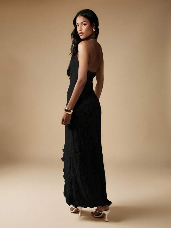 Missguided MISSGUIDED Halter Neck Maxi Dress With Ruffled High Low Hem