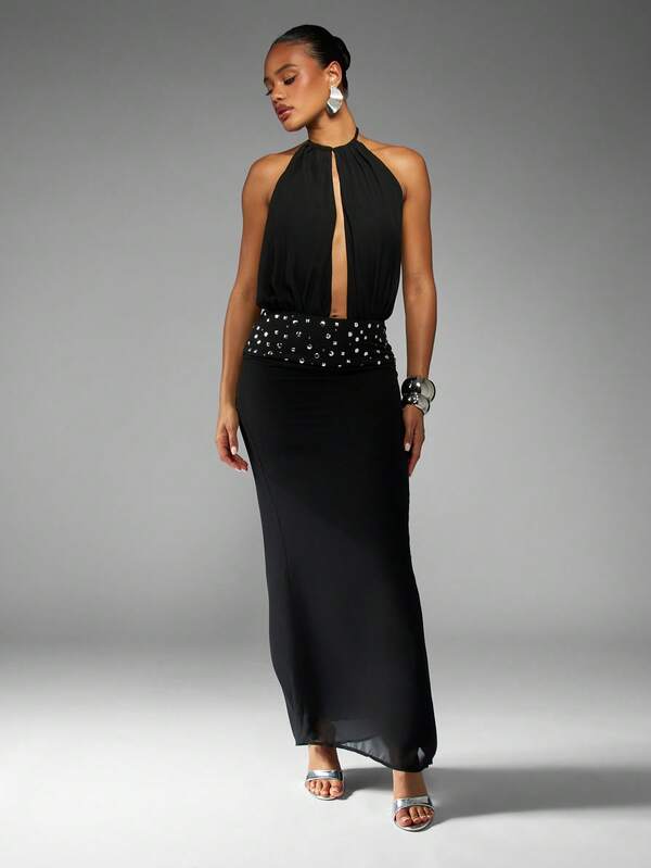 Missguided MISSGUIDED Halter Neck Maxi Dress With Studded Waist Detail