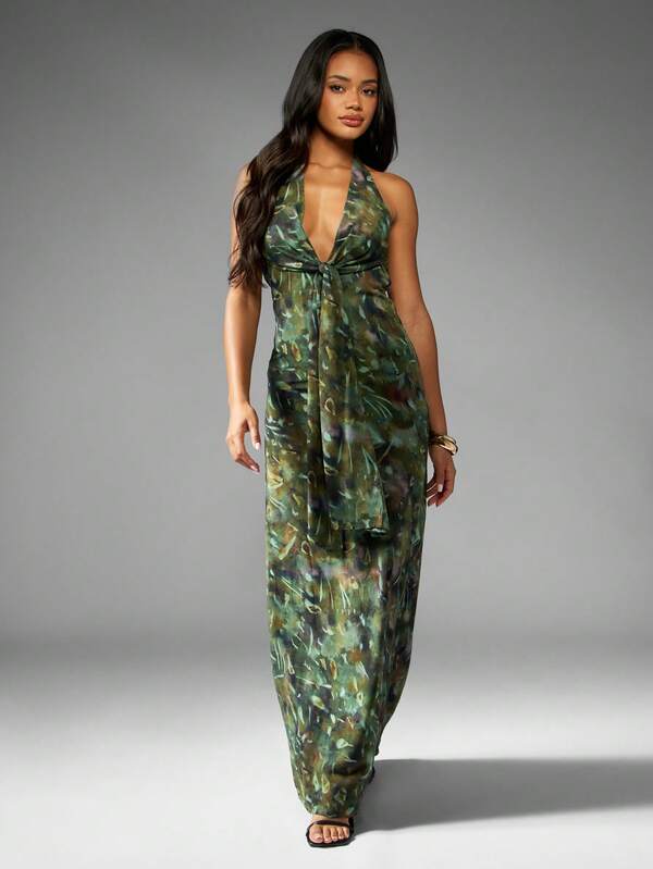 Missguided MISSGUIDED Halter Neck Maxi Dress With Tie Front Detail