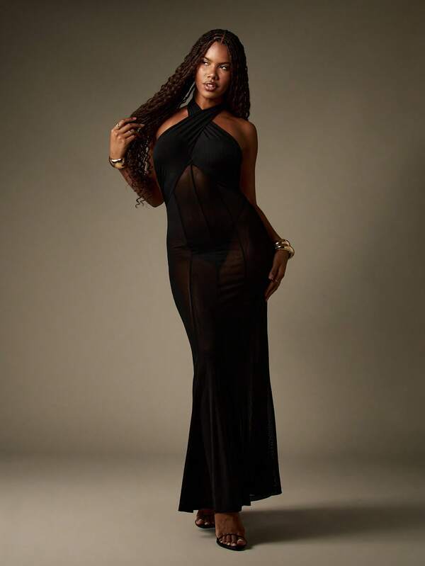 missguided MISSGUIDED Halter Neck Mesh Panel Maxi Dress With Side Slits