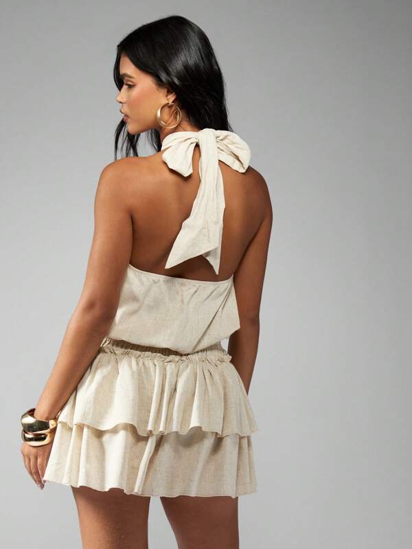 Missguided MISSGUIDED Halter Neck Mini Dress Ruffle Tier Skirt Gathered Waist Flowy Dress