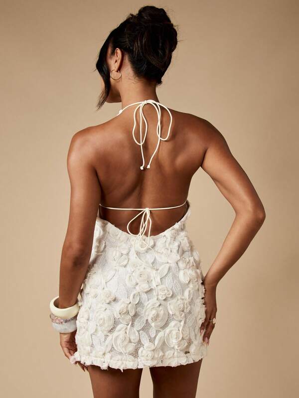 Missguided MISSGUIDED Halter Neck Mini Dress With Rose Applique Details