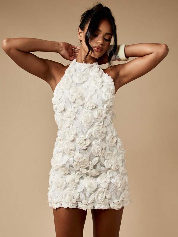 missguided MISSGUIDED Halter Neck Mini Dress With Rose Applique Details