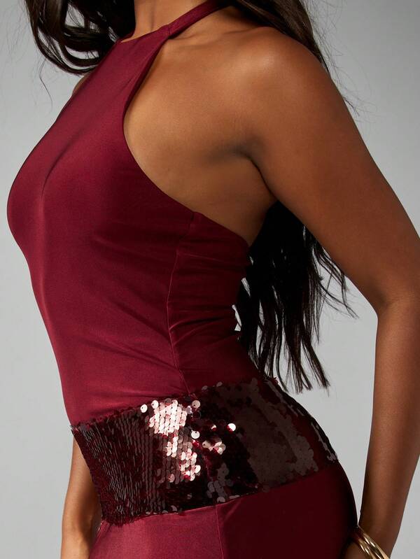 Missguided MISSGUIDED Halter Neck Mini Dress With Sequin Belt Detail