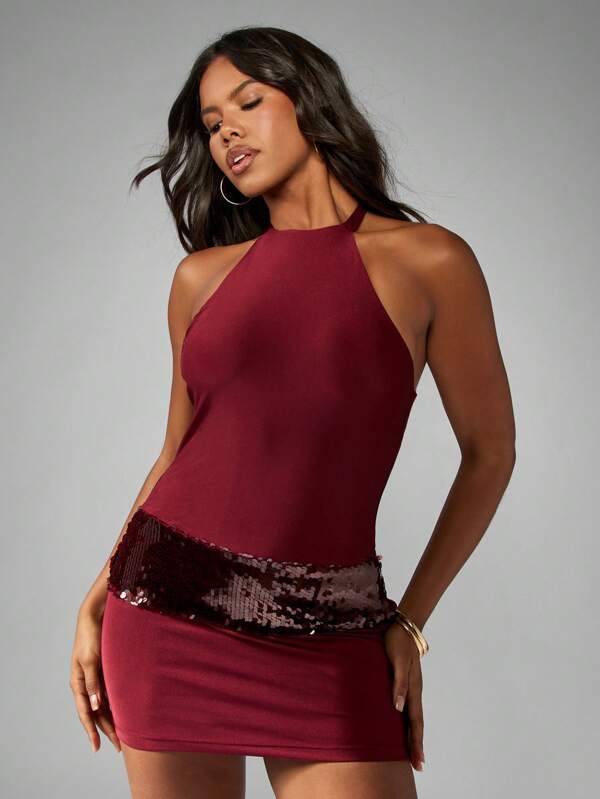 missguided MISSGUIDED Halter Neck Mini Dress With Sequin Belt Detail
