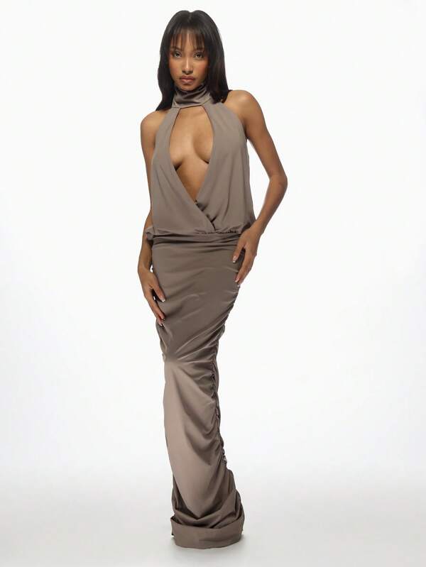 missguided MISSGUIDED Halter Neck Open Back Draped Design Maxi Dress