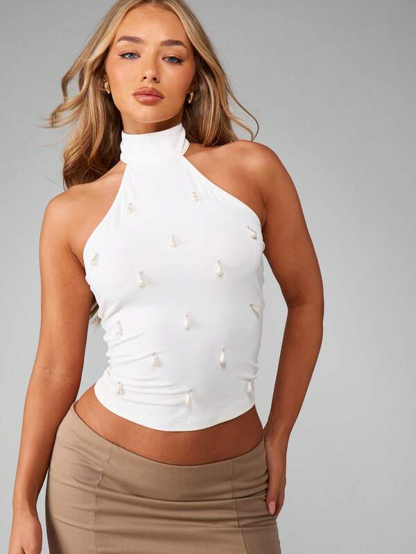 missguided MISSGUIDED Halter Neck Pearl Detail Crop Top