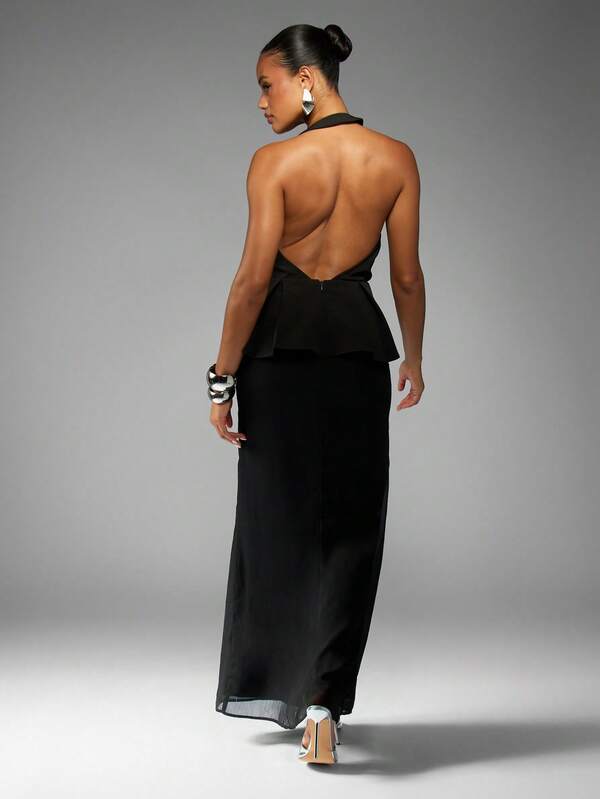 Missguided MISSGUIDED Halter Neck Peplum Maxi Dress With Chiffon Hem