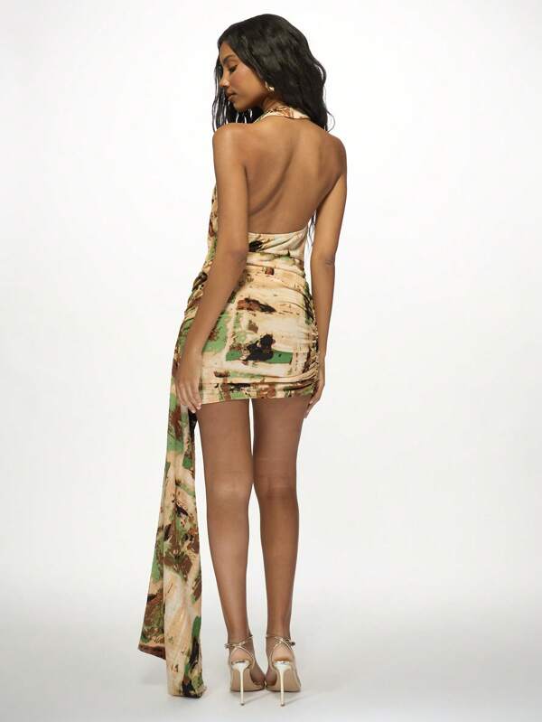Missguided MISSGUIDED Halter Neck Plunge Cowl Ruched Mini Dress