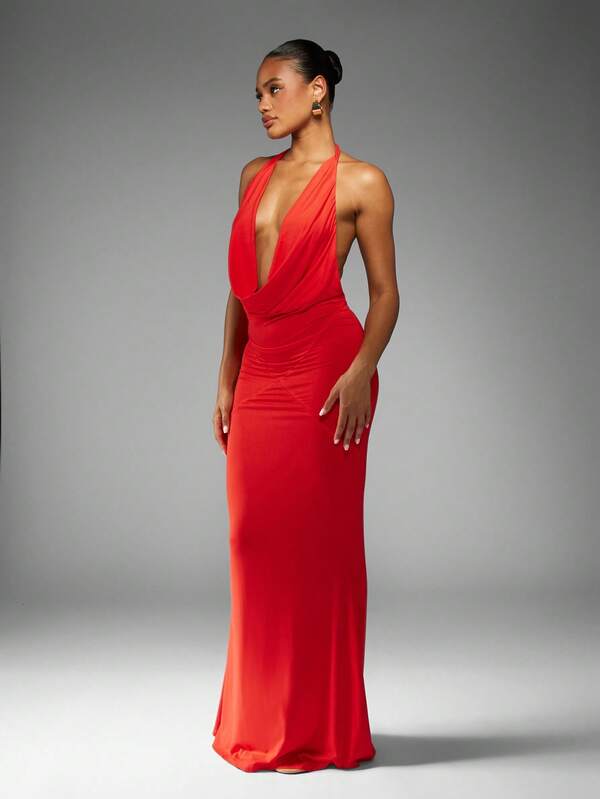 Missguided MISSGUIDED Halter Neck Plunge Mermaid Dress With Cowl Front