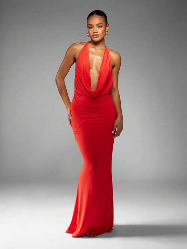 missguided MISSGUIDED Halter Neck Plunge Mermaid Dress With Cowl Front