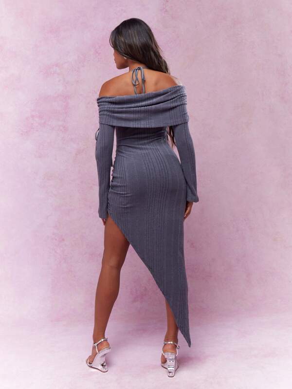 Missguided MISSGUIDED Halter Neck Ruched Asymmetric Hem Slit Dress