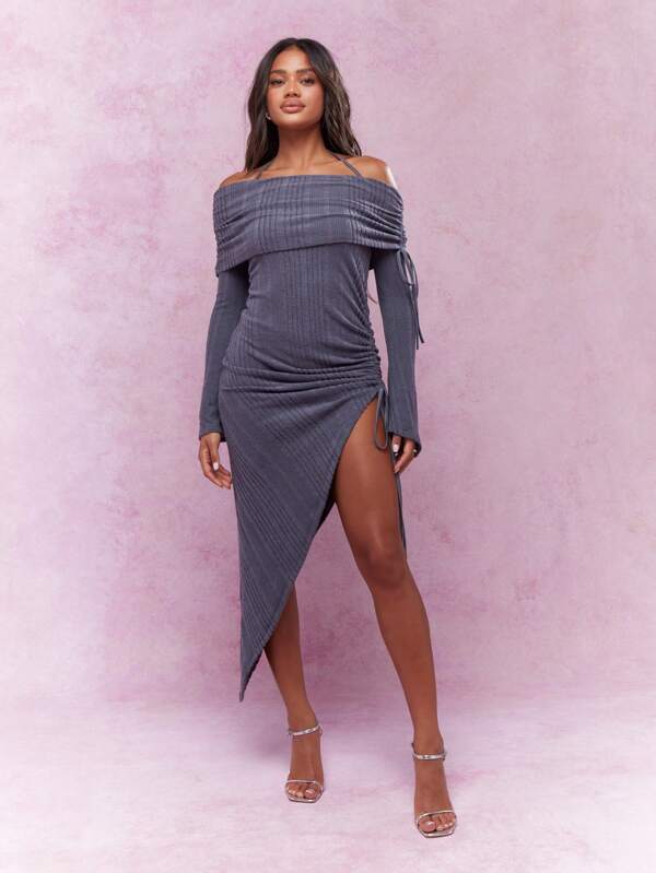 missguided MISSGUIDED Halter Neck Ruched Asymmetric Hem Slit Dress