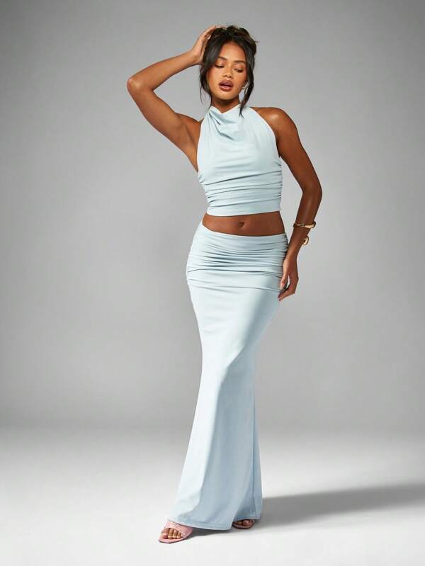 missguided MISSGUIDED Halter Neck Ruched Crop Top And High Waisted Maxi Skirt Co Ord Set